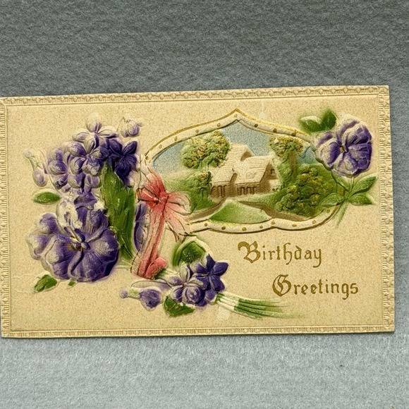 Other - Birthday Greetings Cottage Scene with Purple Flowers‎ Embossed 1900s POSTCARD